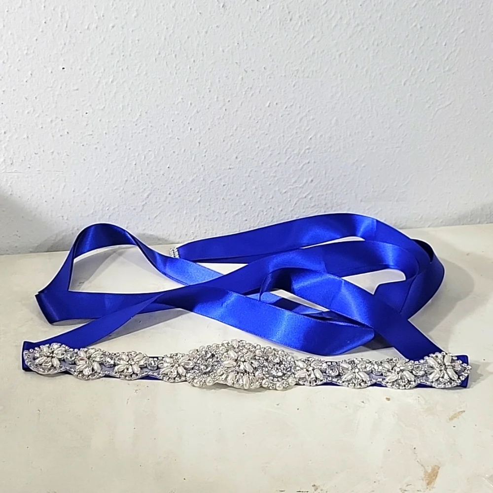 New royal blue with pearls & rhinestone crystals in sliver wedding dress Sash